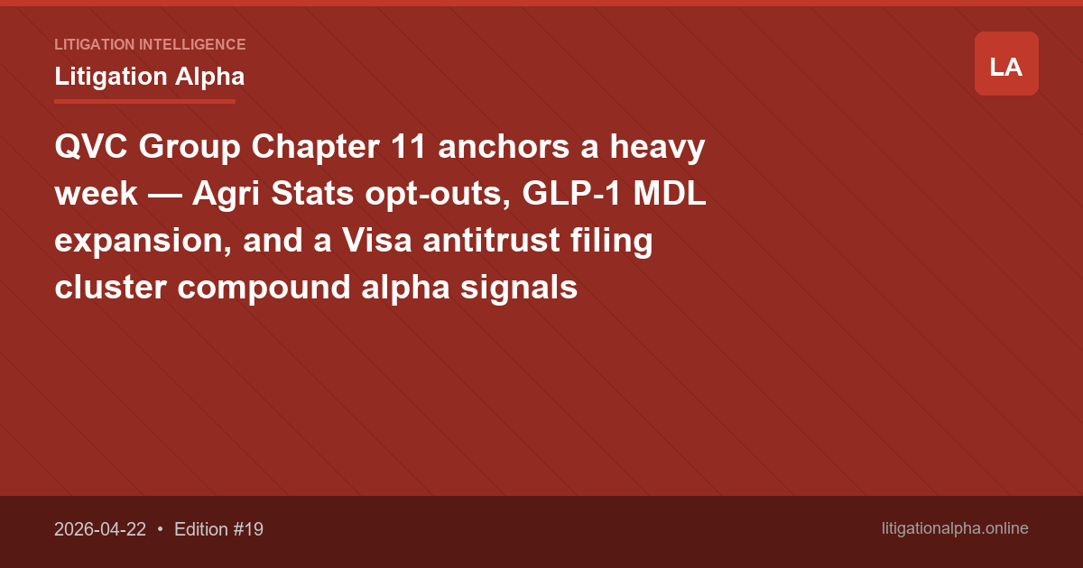 QVC Group Chapter 11 anchors a heavy week — Agri Stats opt-outs, GLP-1 MDL expansion, and a Visa antitrust filing cluster compound alpha signals