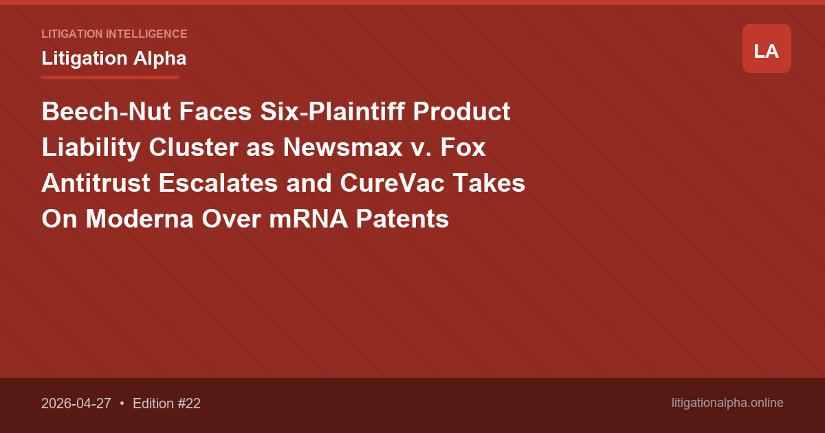 Beech-Nut Faces Six-Plaintiff Product Liability Cluster as Newsmax v. Fox Antitrust Escalates and CureVac Takes On Moderna Over mRNA Patents